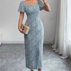 SHEIN Blue Floral Square-Neck Puff Sleeve Midi Dress